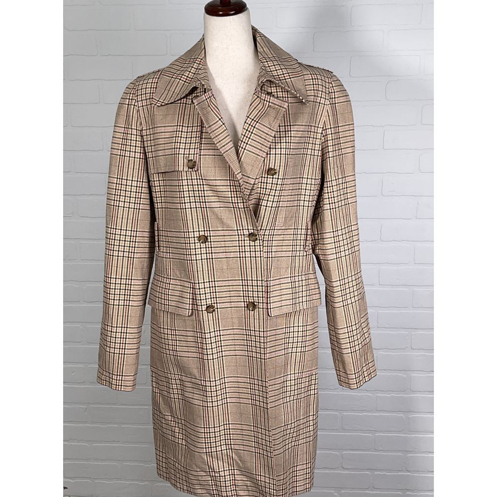 Unbranded Trench Coat Women Large Pink Brown Plaid‎ Classic Double-Breasted Midi